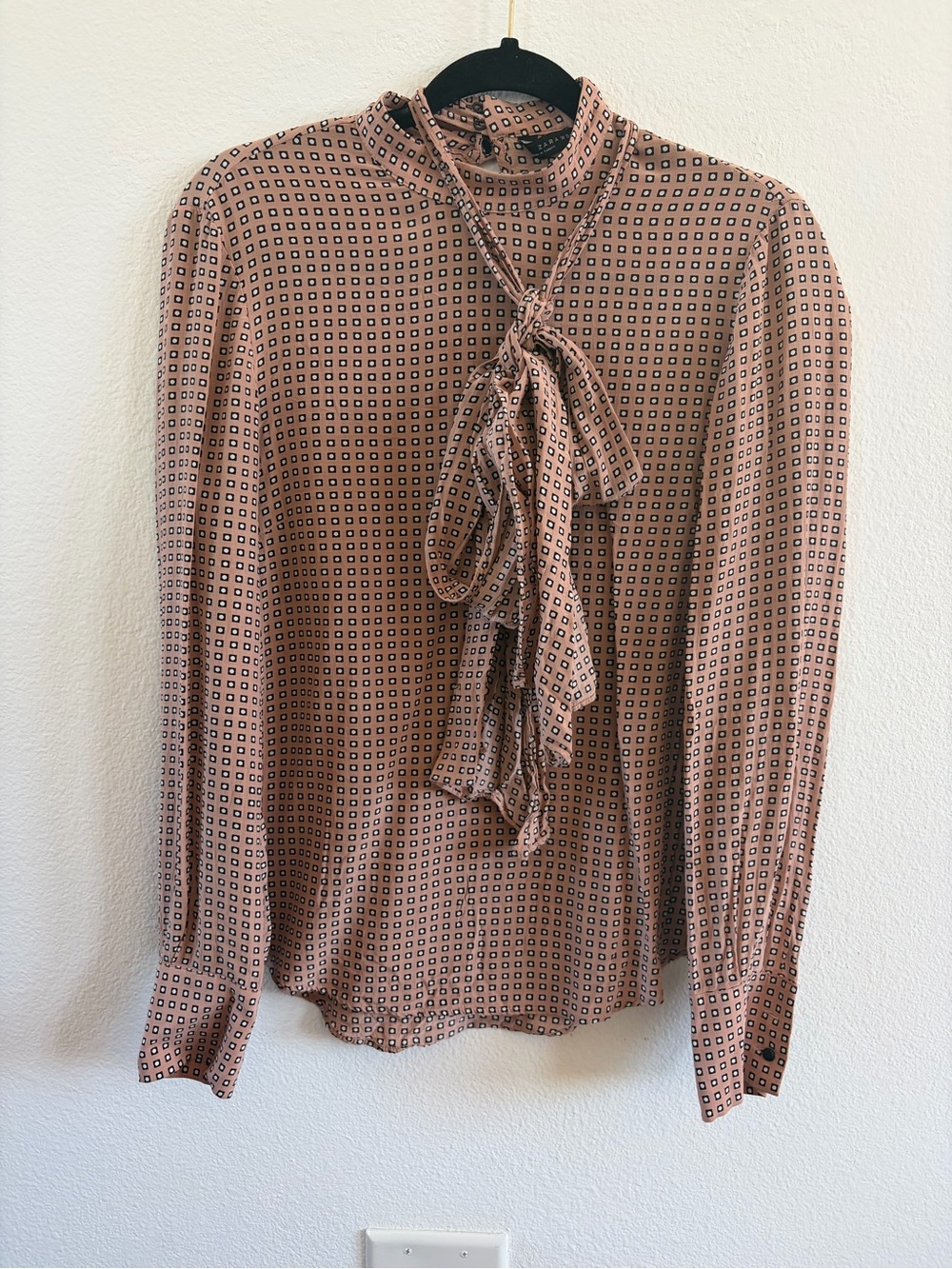 Zara Rose-Tan Geo Print Tie-Neck Blouse